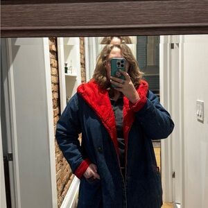 Vintage Made In Canada Denim Button Up Coat with Red Quilted Lining